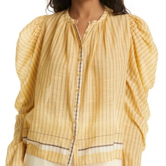 Ulla Johnson Nejma Blouse lightweight cotton yellow plaid stripe puff sleeve - Picture 6 of 12